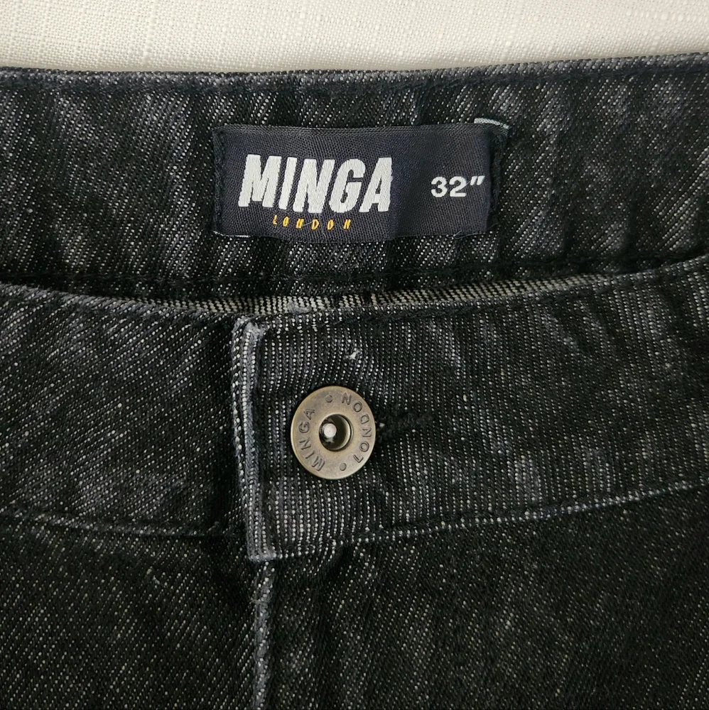 Minga London Bones Black Washed Denim Jeans Skeleton Print Wide Baggy Leg SZ 36 - Picture 11 of 16